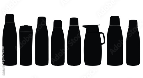 Set of black silhouettes of various bottles and a thermos pitcher isolated on white vector