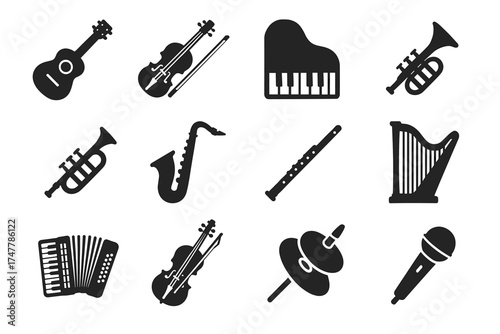 Collection of musical instrument silhouettes: guitar, violin, piano, trumpet, saxophone, flute, harp, accordion, cello, cymbals, microphone