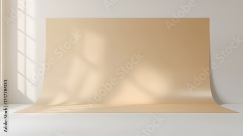 Beige backdrop in bright studio with window light for product photography mockup