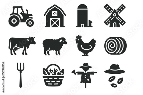 Farm icons set: tractor, barn, silo, windmill, animals, and tools