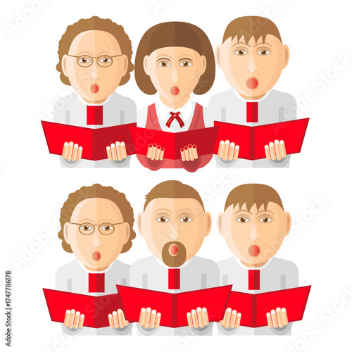 Illustration of choral singing - A group of people in folk costumes singing in a choir with songbooks