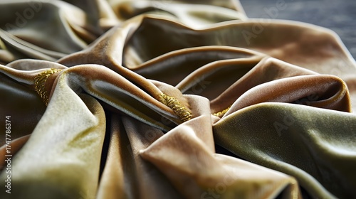 Elegant shimmering olive and beige velvet fabric folds with gold embellishments for design concept