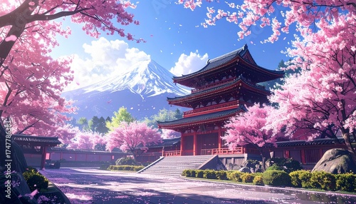 Templo japonés rodeado de cerezos en flor. Japón, templo, pagoda