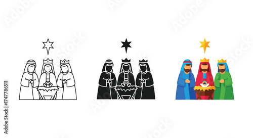 Nativity scene icons with three wise men Christmas