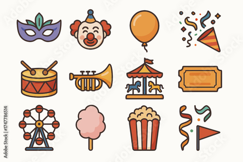 Colorful carnival icons collection: clown, mask, carousel, popcorn, ferris wheel, and more
