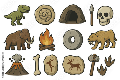 Prehistoric elements collection: dinosaurs, tools, fossils, and ancient symbols