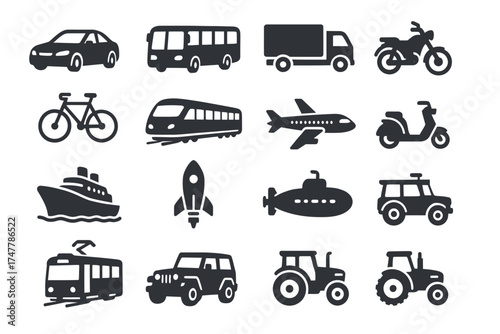 Icon set of various transportation modes including car, bus, plane, and train
