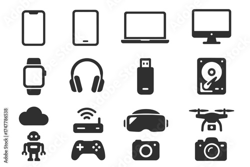 Collection of modern technology icons including smartphone, laptop, headphones, and drone