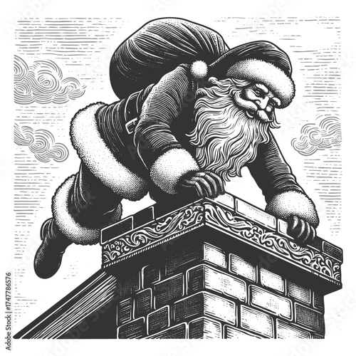 Santa Claus in traditional outfit carrying a sack of presents as he climbs down a snowy chimney on Christmas Eve sketch engraving generative ai vector illustration. Scratch board. Black and white.