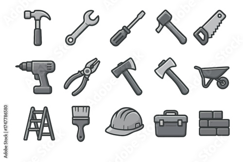 Set of construction and hand tools icons including hammer, wrench, drill