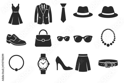 Fashion icons: formal wear and accessories collection in black silhouettes