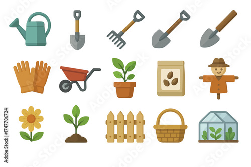 Essential gardening tools and supplies icon set