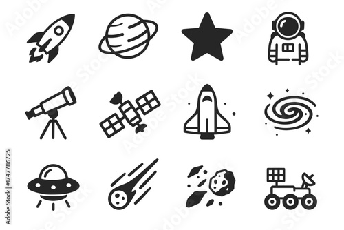 Space icon set: rocket, astronaut, telescope, satellite, ufo, galaxy symbols