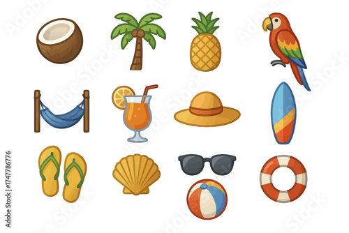Tropical summer icons with beach accessories and exotic elements