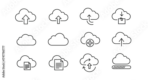 Collection of cloud computing icons representing upload download storage and networking services vector