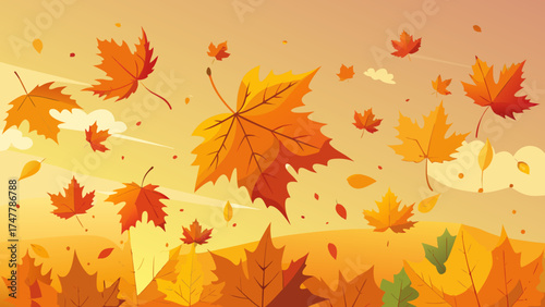 Vector art of autumn leaves falling, colorful foliage floating in the air on yellow background