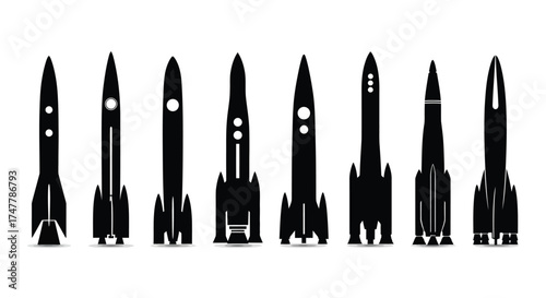 Diverse collection of silhouetted rockets spacecraft and missiles for scientific exploration and defense vector