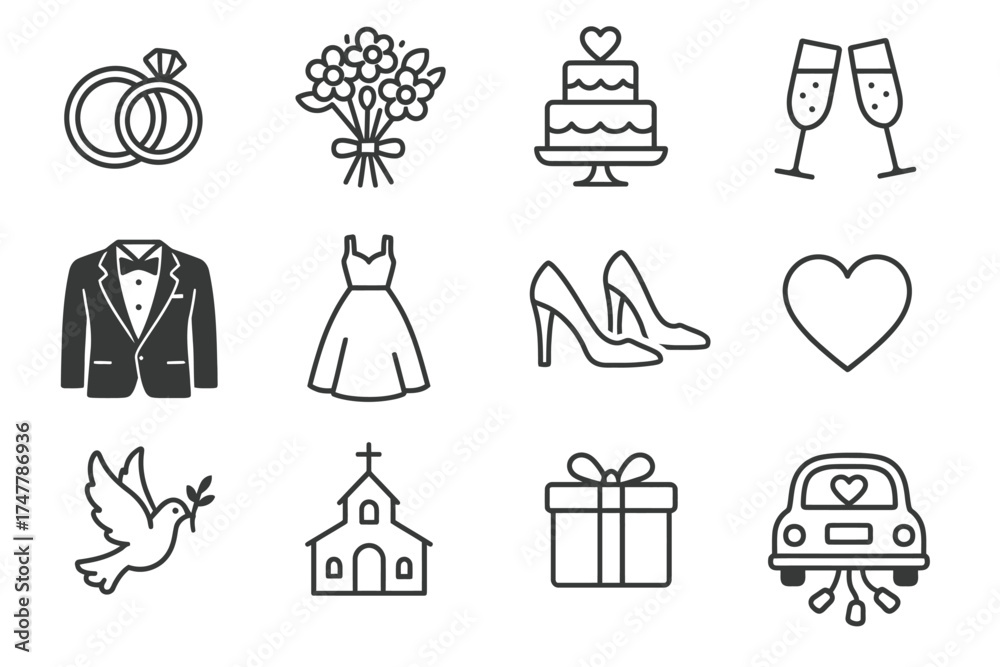 Naklejka premium Wedding icon set: rings, cake, attire, dove, church, car, gift