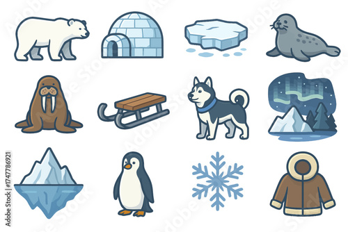 Polar icons: arctic animals, icebergs, and snowy landscapes