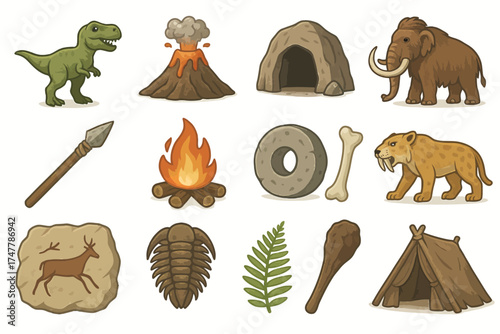 Prehistoric elements: dinosaurs, volcanoes, and stone age tools in detailed illustrations