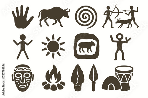 Primitive symbols and figures depicting ancient human life activities