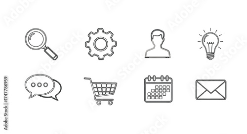 Collection of hand-drawn line art icons representing search settings user shopping calendar email and communication vector