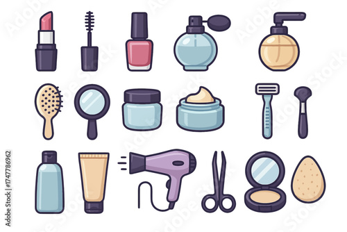 Assorted beauty and haircare products: lipstick, perfume, brush, cream, scissors