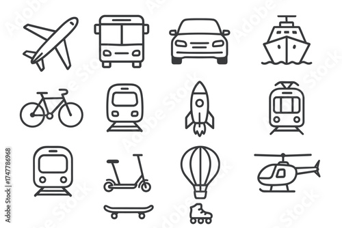 Collection of transportation icons: airplane, bus, car, boat, bicycle, train, rocket, tram, scooter, balloon, helicopter
