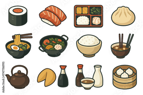 Colorful icons of traditional asian cuisine: sushi, ramen, and dim sum collection