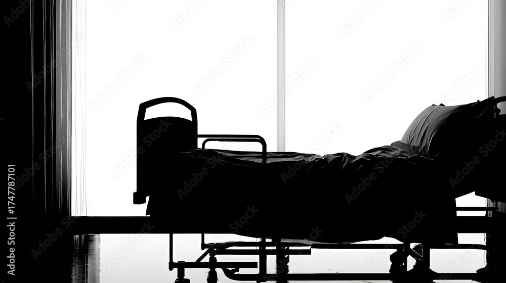 Fototapeta premium Silhouette of Hospital Bed Against Bright Window Background