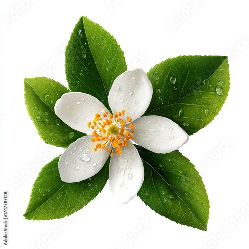Close-up of a white flower with dew drops, set against a bright white background.  Fresh, vibrant, and detailed illustration of blossoms and leaves