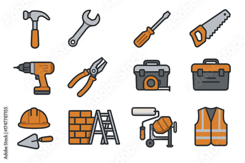 Colorful construction tools set with ladders drill hammer and toolbox