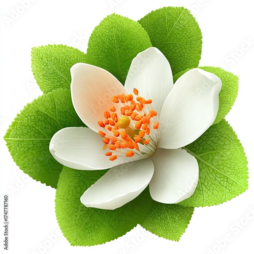 Detailed illustration of a single, white flower with vibrant green leaves