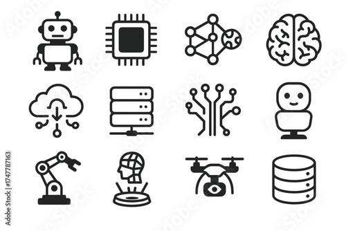 Robotics and ai icons: robot, processor, neural network, brain, cloud, drone, database