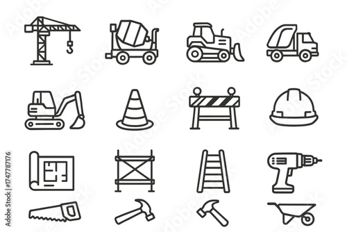 Collection of construction icons featuring tools, vehicles, and equipment