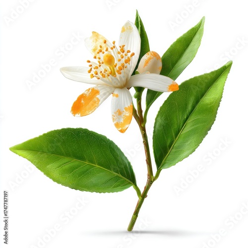 Close-up of a citrus blossom with leaves