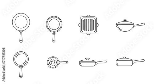 Collection of hand drawn kitchen utensils featuring pans and whisk line art for culinary design vector