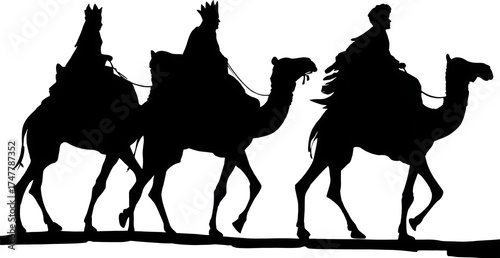 Reverent silhouette of three wise men kings riding camel on journey