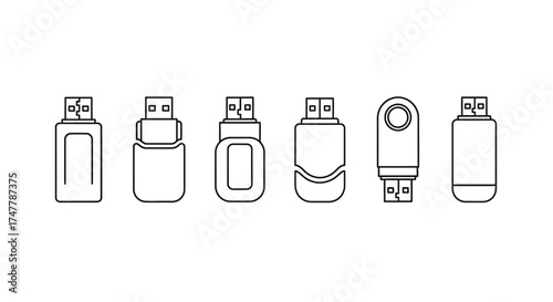 Collection of diverse usb flash drives and connectors drawn in a simple outline style for technology concepts vector