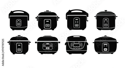 Set of silhouetted electric rice cookers various designs kitchen appliances for cooking rice vector