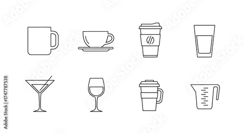 Collection of hand drawn coffee cups glasses and mugs for beverages and drinks vector