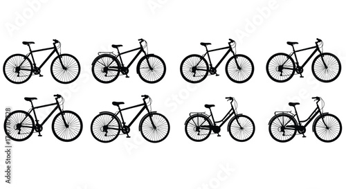 Collection of diverse bicycle silhouettes across various styles and designs vector