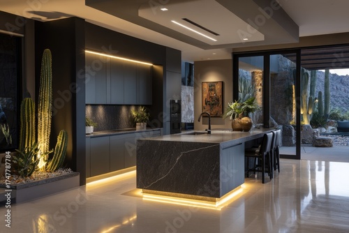 Modern kitchen with dark cabinets, granite island, and desert views