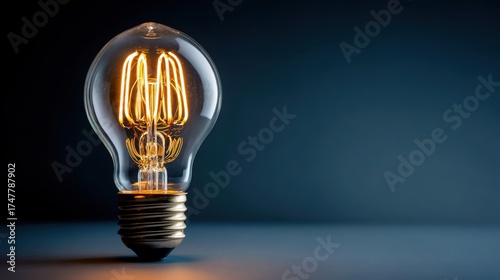 Vintage Light Bulb with Glowing Filament Against Dark Background