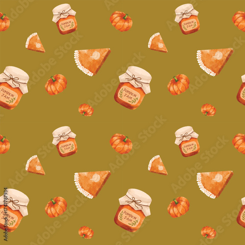 Cute Seamless pattern vector illustration set with pumpkin, pie and pumpkin jam for thanksgiving seasonal design