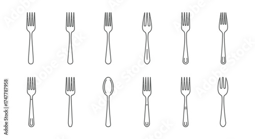 Collection of hand-drawn sketchy forks and one spoon for culinary design elements vector