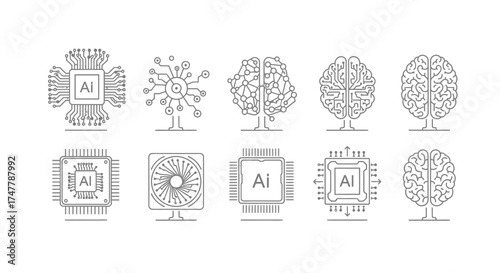 Artificial intelligence concept icons diverse circuitry brain tree cpu chip designs vector