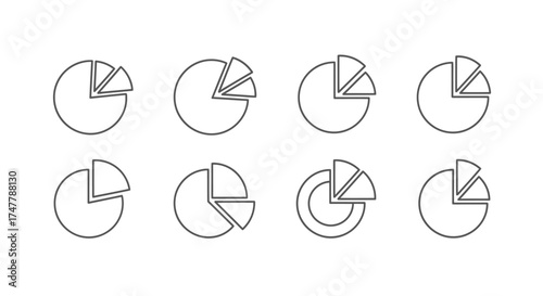 Hand drawn pie chart icons collection representing financial data and analytics concepts vector