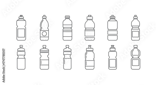 Collection of assorted plastic beverage bottles labeled with outline designs for modern design applications vector