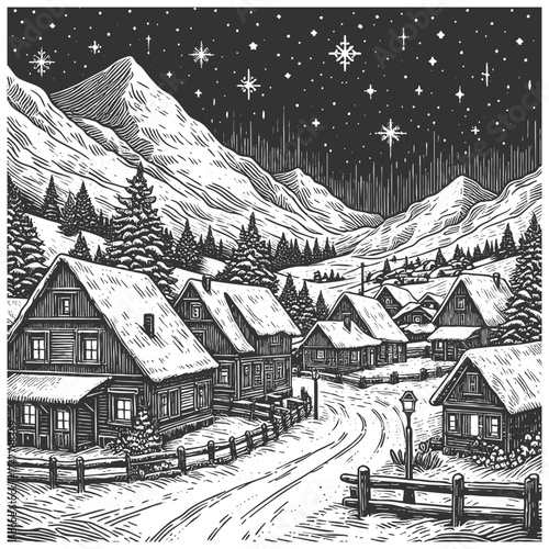 snowy village with wooden houses, church steeple, pine trees, and winter night sky atmosphere sketch engraving generative ai vector illustration. Scratch board imitation. Black and white image.